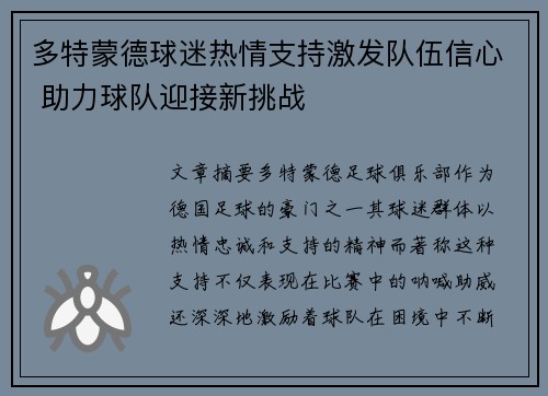 多特蒙德球迷热情支持激发队伍信心 助力球队迎接新挑战