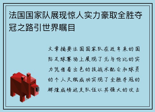 法国国家队展现惊人实力豪取全胜夺冠之路引世界瞩目